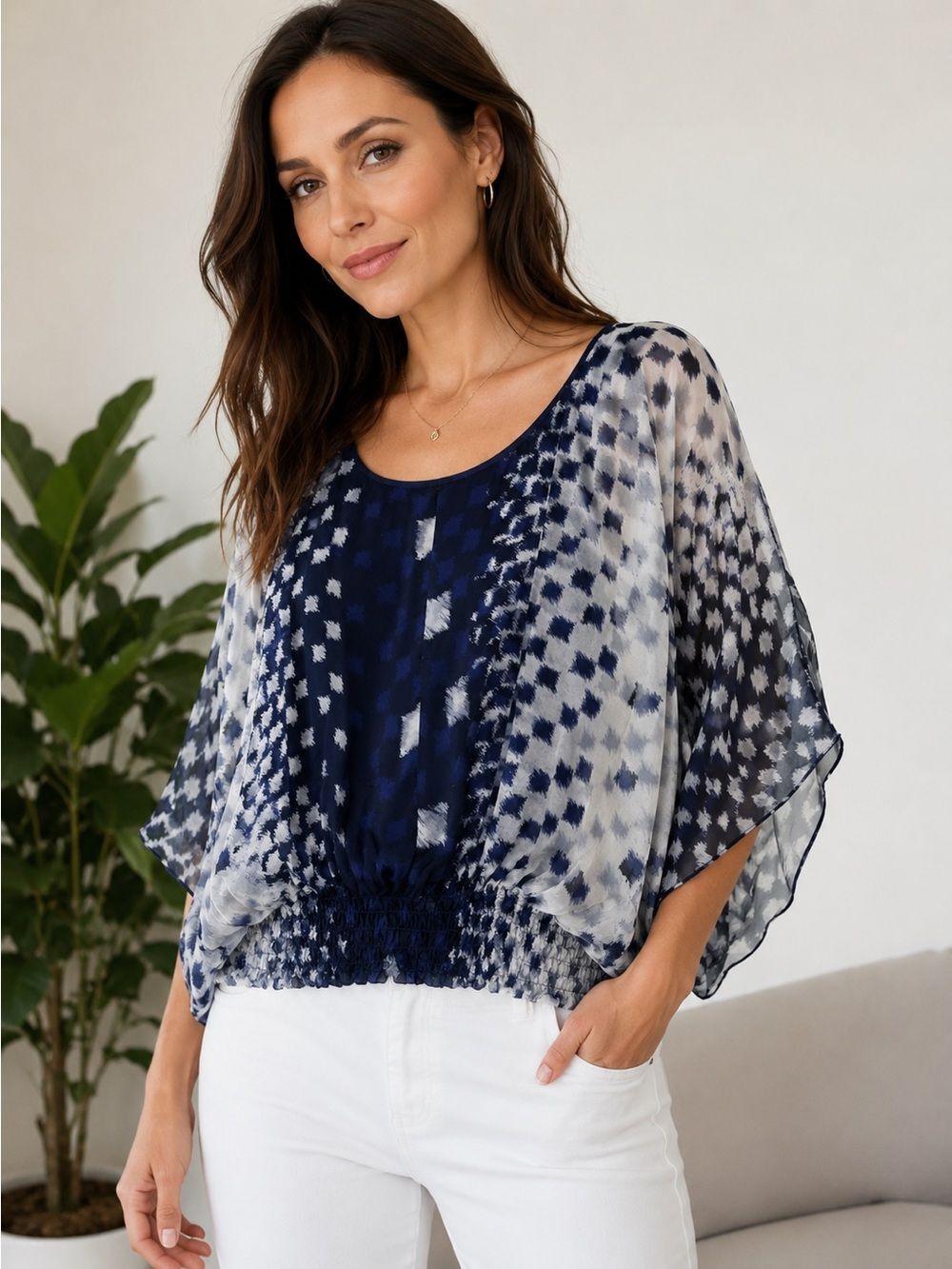 Aryn K Silk Geo Pattern Dolman Sleeve Round Neck Blouse Top Size S